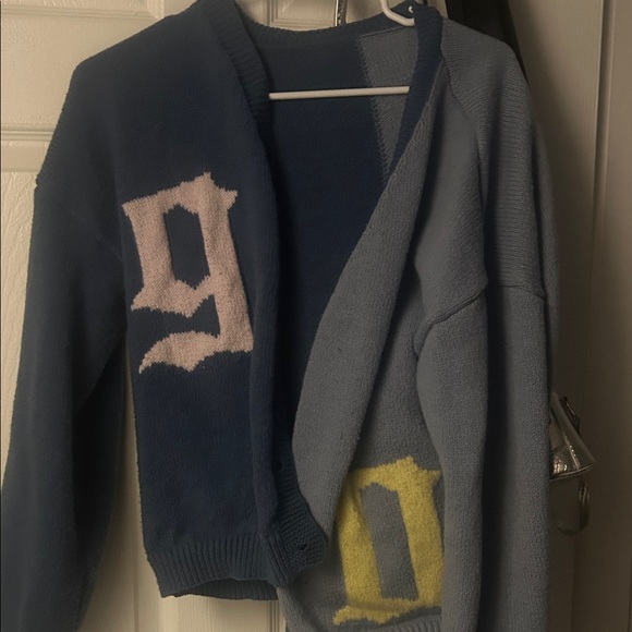 Blue and Gray Cardigan with Letter Design - Picture 1 of 2